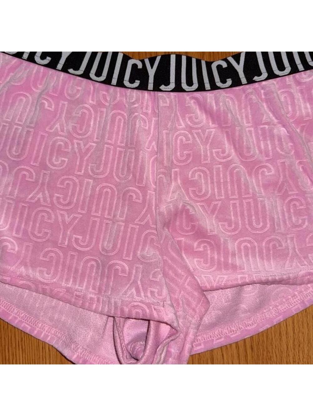 Juicy Couture Women's Pink  velour shorts with JUICY' text pattern, size S